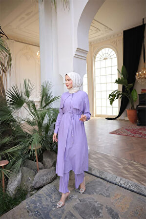 Belden Bağcıklı Kısa Yelek Detaylı Elbise  İkili Tesettür Eşofman Takımı - (38-46) - 71284 - Lila