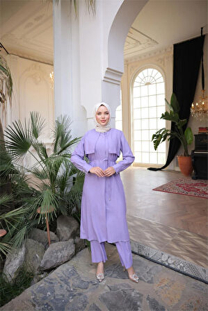Belden Bağcıklı Kısa Yelek Detaylı Elbise  İkili Tesettür Eşofman Takımı - (38-46) - 71284 - Lila