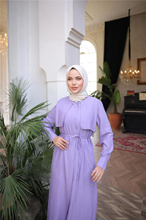 Belden Bağcıklı Kısa Yelek Detaylı Elbise  İkili Tesettür Eşofman Takımı - (38-46) - 71284 - Lila
