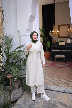Belden Bağcıklı Kısa Yelek Detaylı Elbise  İkili Tesettür Eşofman Takımı - (38-46) - 71284 - Bej