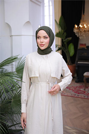 Belden Bağcıklı Kısa Yelek Detaylı Elbise  İkili Tesettür Eşofman Takımı - (38-46) - 71284 - Bej