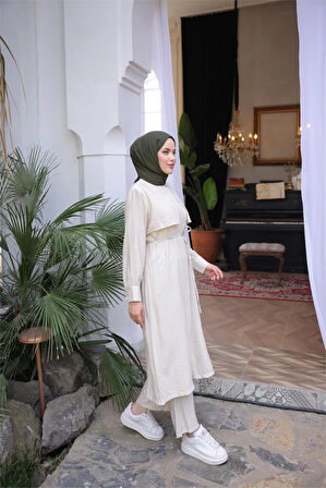 Belden Bağcıklı Kısa Yelek Detaylı Elbise  İkili Tesettür Eşofman Takımı - (38-46) - 71284 - Bej