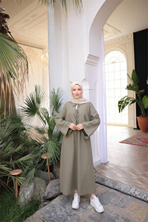 Bağcık Düğmeli Kıs aRahat Kesim Tunik - Cepli Etek Takımı - (38-46) - 71285 - Haki