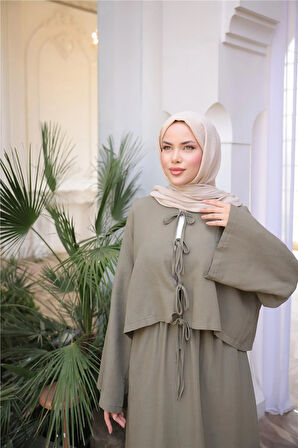 Bağcık Düğmeli Kıs aRahat Kesim Tunik - Cepli Etek Takımı - (38-46) - 71285 - Haki