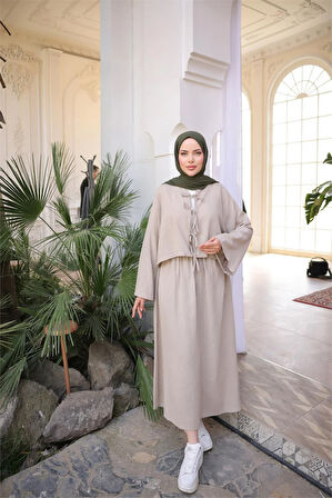 Bağcık Düğmeli Kıs aRahat Kesim Tunik - Cepli Etek Takımı - (38-46) - 71285 - Vizon