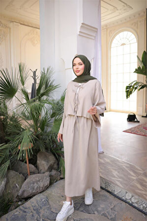 Bağcık Düğmeli Kıs aRahat Kesim Tunik - Cepli Etek Takımı - (38-46) - 71285 - Vizon