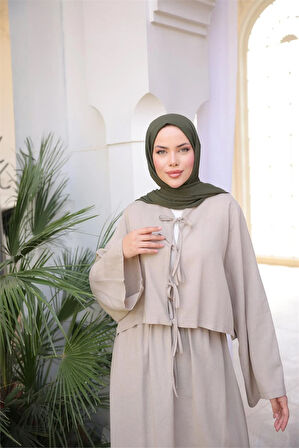 Bağcık Düğmeli Kıs aRahat Kesim Tunik - Cepli Etek Takımı - (38-46) - 71285 - Vizon