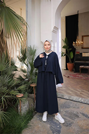 Bağcık Düğmeli Kıs aRahat Kesim Tunik - Cepli Etek Takımı - (38-46) - 71285 - Lacivert