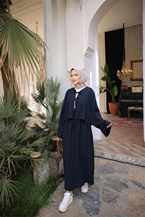 Bağcık Düğmeli Kıs aRahat Kesim Tunik - Cepli Etek Takımı - (38-46) - 71285 - Lacivert