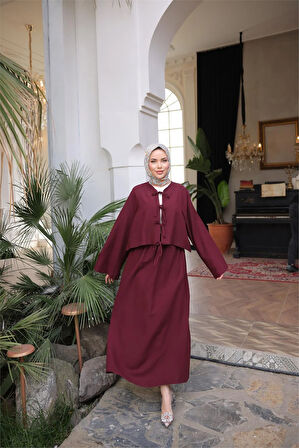 Bağcık Düğmeli Kıs aRahat Kesim Tunik - Cepli Etek Takımı - (38-46) - 71285 - Bordo