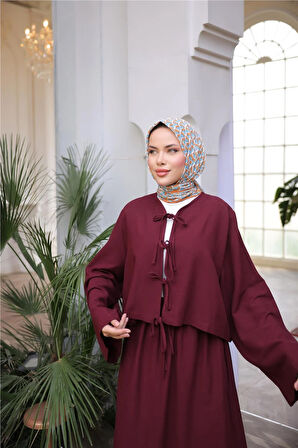 Bağcık Düğmeli Kıs aRahat Kesim Tunik - Cepli Etek Takımı - (38-46) - 71285 - Bordo