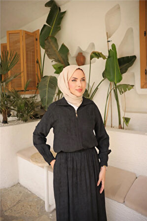 Fermuarlı Gömlek Yaka Kısa Rahat Kap - Cepli Etek Takımı - (38-46) - 71288 - Siyah