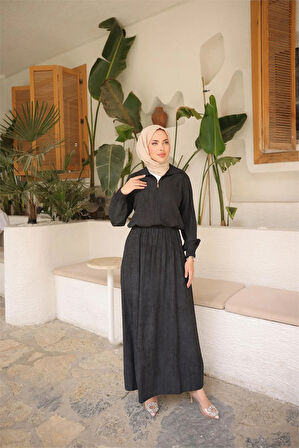 Fermuarlı Gömlek Yaka Kısa Rahat Kap - Cepli Etek Takımı - (38-46) - 71288 - Siyah