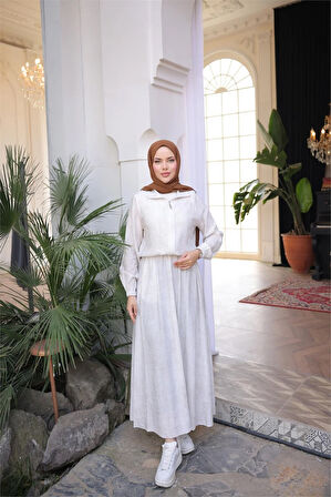 Fermuarlı Gömlek Yaka Kısa Rahat Kap - Cepli Etek Takımı - (38-46) - 71288 - Krem