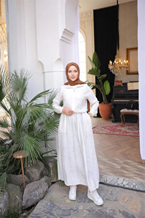 Fermuarlı Gömlek Yaka Kısa Rahat Kap - Cepli Etek Takımı - (38-46) - 71288 - Krem