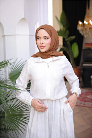 Fermuarlı Gömlek Yaka Kısa Rahat Kap - Cepli Etek Takımı - (38-46) - 71288 - Krem