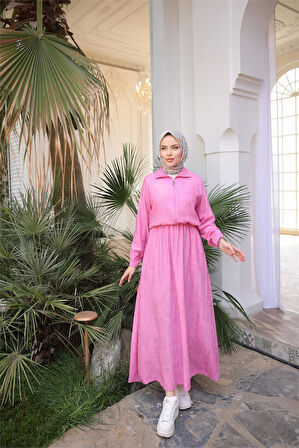 Fermuarlı Gömlek Yaka Kısa Rahat Kap - Cepli Etek Takımı - (38-46) - 71288 - Fuşya