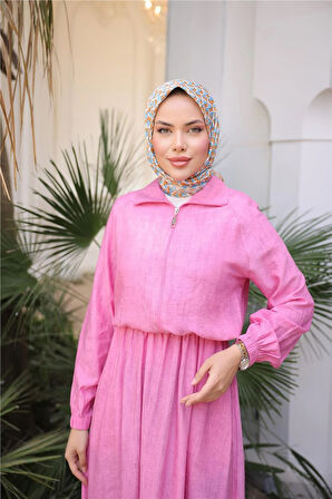 Fermuarlı Gömlek Yaka Kısa Rahat Kap - Cepli Etek Takımı - (38-46) - 71288 - Fuşya