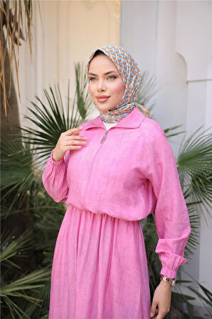 Fermuarlı Gömlek Yaka Kısa Rahat Kap - Cepli Etek Takımı - (38-46) - 71288 - Fuşya