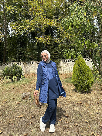 Dafne Cepli Eşofman Kolsuz Yelek Beli Lastikli Pantolon Üçlü Takım - 71149.006 - İndigo
