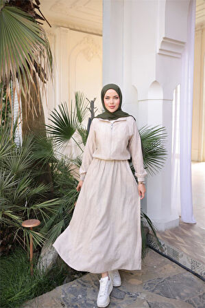 Fermuarlı Gömlek Yaka Kısa Rahat Kap - Cepli Etek Takımı - (38-46) - 71288 - Bej