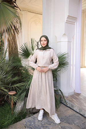 Fermuarlı Gömlek Yaka Kısa Rahat Kap - Cepli Etek Takımı - (38-46) - 71288 - Bej