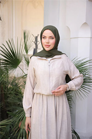 Fermuarlı Gömlek Yaka Kısa Rahat Kap - Cepli Etek Takımı - (38-46) - 71288 - Bej