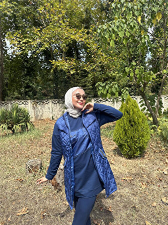 Dafne Cepli Eşofman Kolsuz Yelek Beli Lastikli Pantolon Üçlü Takım - 71149.006 - İndigo