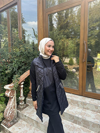 Dafne Cepli Eşofman Kolsuz Yelek Beli Lastikli Pantolon Üçlü Takım - 71149.015 - Lacivert