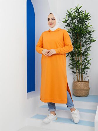 Atlas Kapşonlu Uzun Sade Basic Sweatshirt - 3007 - Oranj