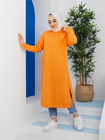 Atlas Kapşonlu Uzun Sade Basic Sweatshirt - 3007 - Oranj