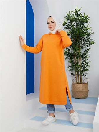 Atlas Kapşonlu Uzun Sade Basic Sweatshirt - 3007 - Oranj