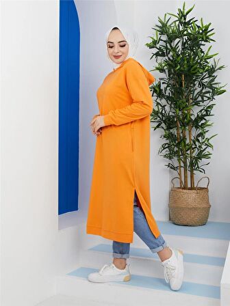 Atlas Kapşonlu Uzun Sade Basic Sweatshirt - 3007 - Oranj