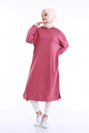 Atlas Kapşonlu Uzun Sade Basic Sweatshirt - 3007 - Gül Kurusu