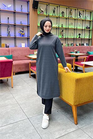 Atlas Kapşonlu Uzun Sade Basic Sweatshirt - 3007 - Antrasit