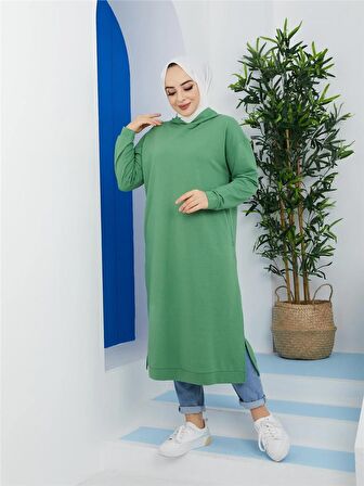 Atlas Kapşonlu Uzun Sade Basic Sweatshirt - 3007 - Fıstık Yeşili