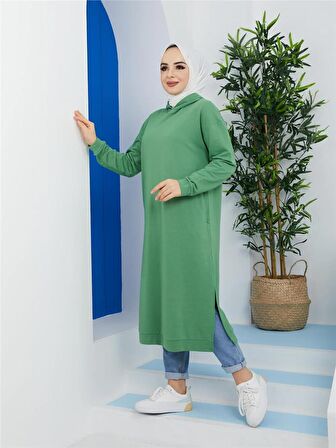 Atlas Kapşonlu Uzun Sade Basic Sweatshirt - 3007 - Fıstık Yeşili