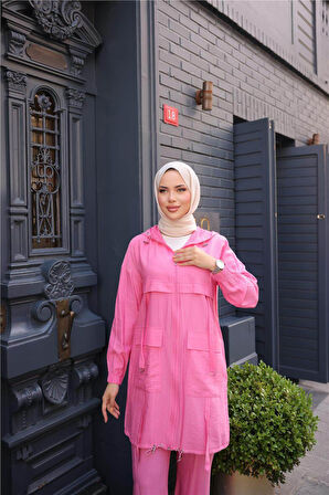 Fermuarlı Kapşonlu Cepli Kısa İkili Tesettür Eşofman Takımı - (38-46) - 71280 - Fuşya