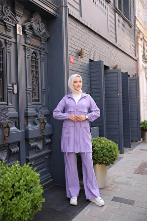 Fermuarlı Kapşonlu Cepli Kısa İkili Tesettür Eşofman Takımı - (38-46) - 71280 - Lila