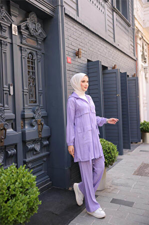 Fermuarlı Kapşonlu Cepli Kısa İkili Tesettür Eşofman Takımı - (38-46) - 71280 - Lila