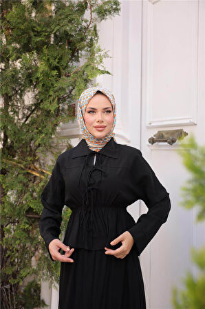 Gömlek Yaka Büzgülü, Bağcıklı Kısa Tunik Dökümlü Etek Takımı - (38-46) - 71291 - Siyah