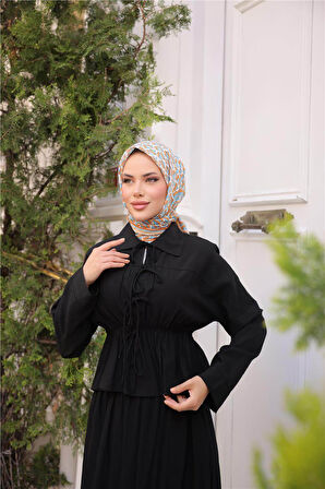 Gömlek Yaka Büzgülü, Bağcıklı Kısa Tunik Dökümlü Etek Takımı - (38-46) - 71291 - Siyah