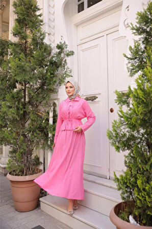 Gömlek Yaka Büzgülü, Bağcıklı Kısa Tunik Dökümlü Etek Takımı - (38-46) - 71291 - Fuşya