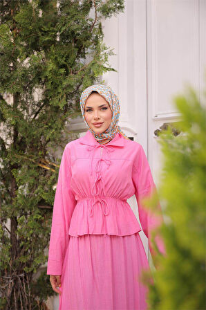 Gömlek Yaka Büzgülü, Bağcıklı Kısa Tunik Dökümlü Etek Takımı - (38-46) - 71291 - Fuşya