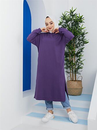 Atlas Kapşonlu Uzun Sade Basic Sweatshirt - 3007 - Mor