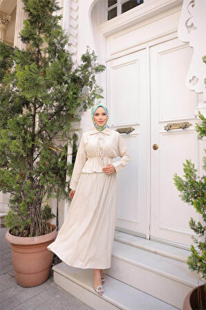 Gömlek Yaka Büzgülü, Bağcıklı Kısa Tunik Dökümlü Etek Takımı - (38-46) - 71291 - Bej