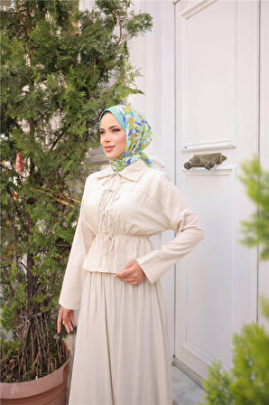 Gömlek Yaka Büzgülü, Bağcıklı Kısa Tunik Dökümlü Etek Takımı - (38-46) - 71291 - Bej