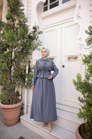 Gömlek Yaka Büzgülü, Bağcıklı Kısa Tunik Dökümlü Etek Takımı - (38-46) - 71291 - Füme