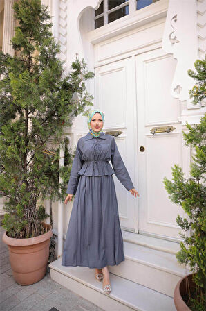 Gömlek Yaka Büzgülü, Bağcıklı Kısa Tunik Dökümlü Etek Takımı - (38-46) - 71291 - Füme