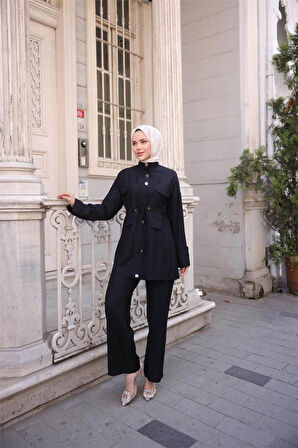 Balıkçı Yaka Belden Lastikli Cepli Metal Düğme Detaylı İkili Tesettür Eşofman Takımı - (38-46) - 71292 - Siyah